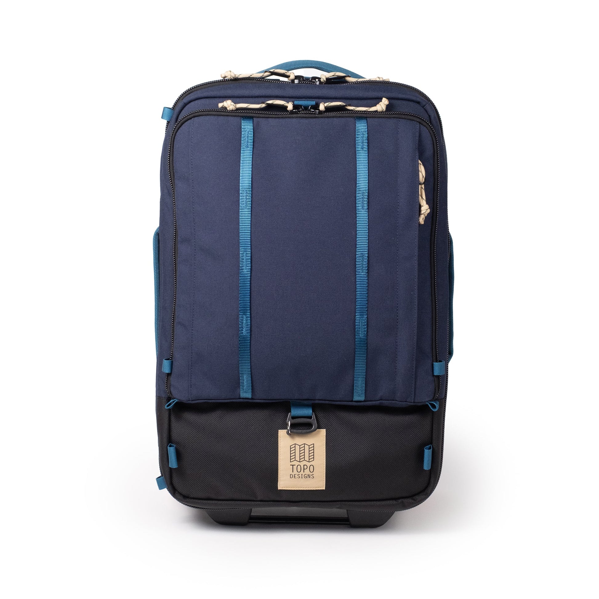 Front View of Topo Designs Global Travel Bag Roller in "Navy / Sahara"