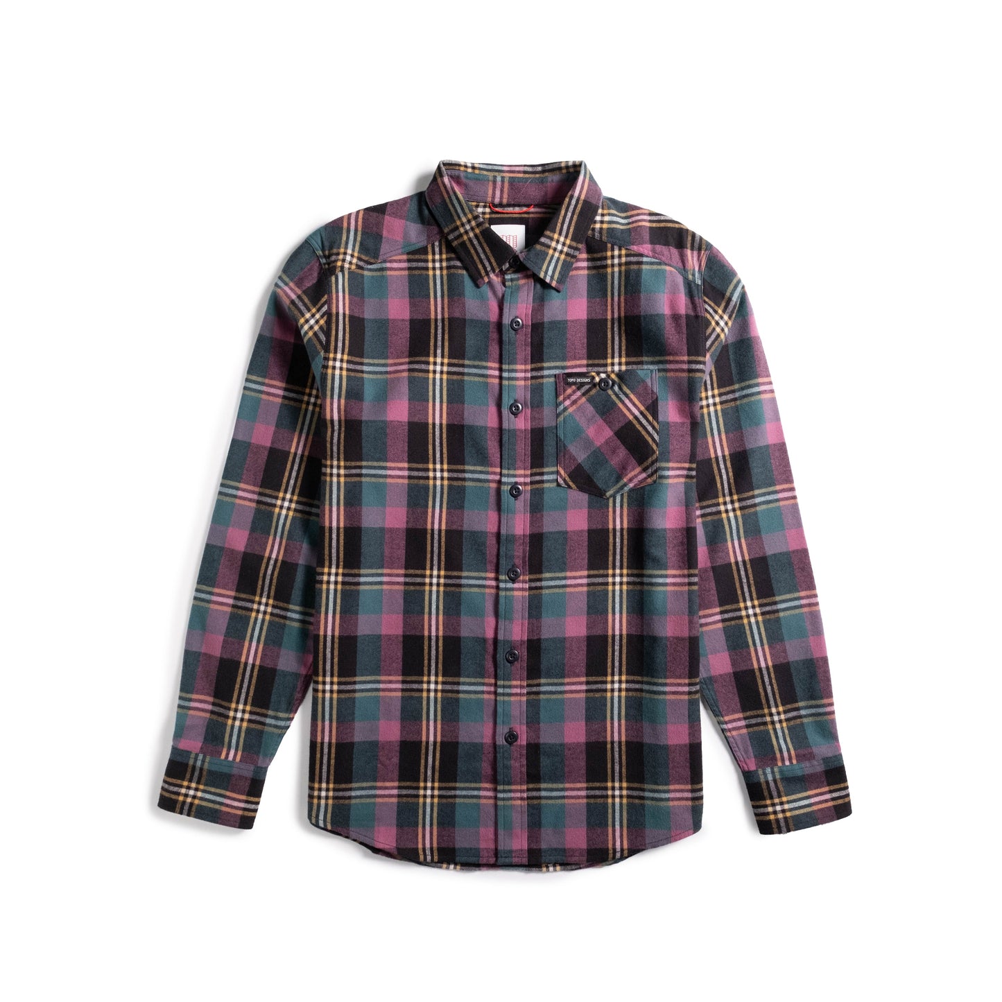 Front shot of Topo Designs Mountain Shirt Lightweight - Men's in "Black / Goldenrod Multi"