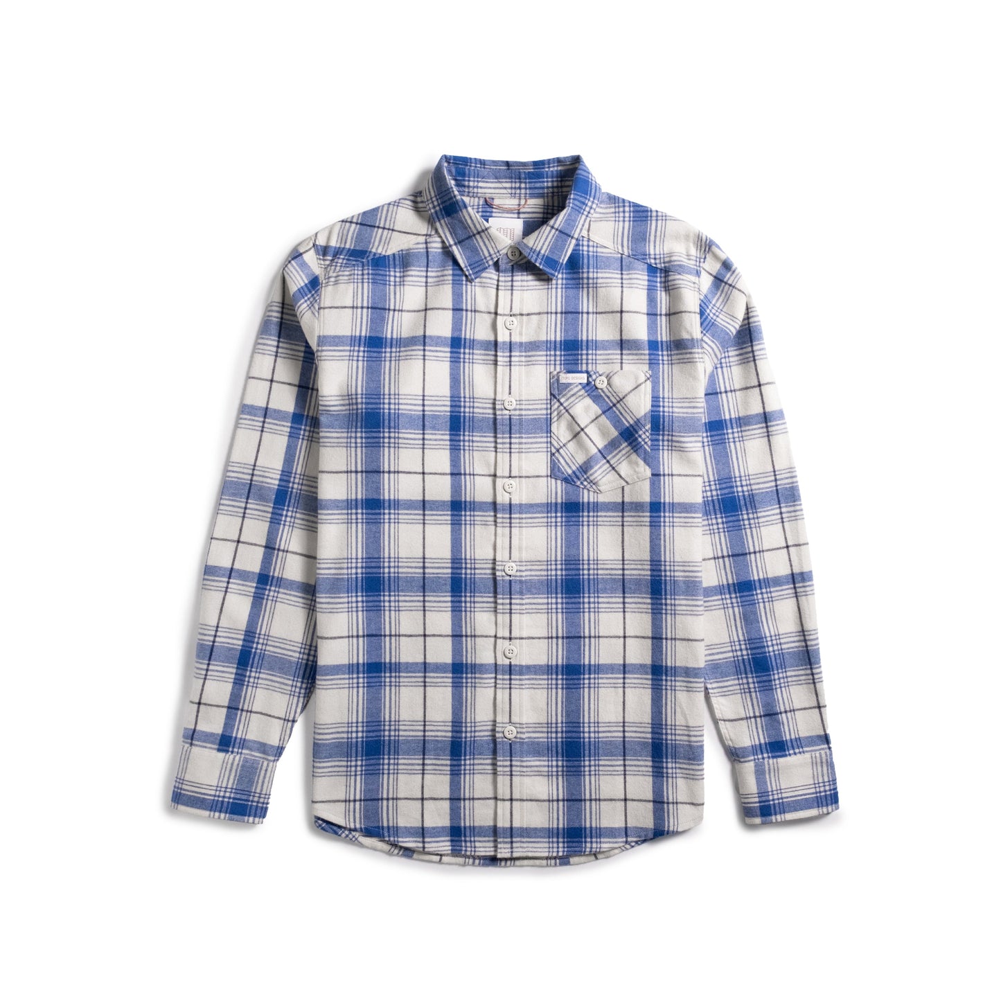 Front shot of Topo Designs Mountain Shirt Lightweight - Men's in "French Blue / Bone White Multi"