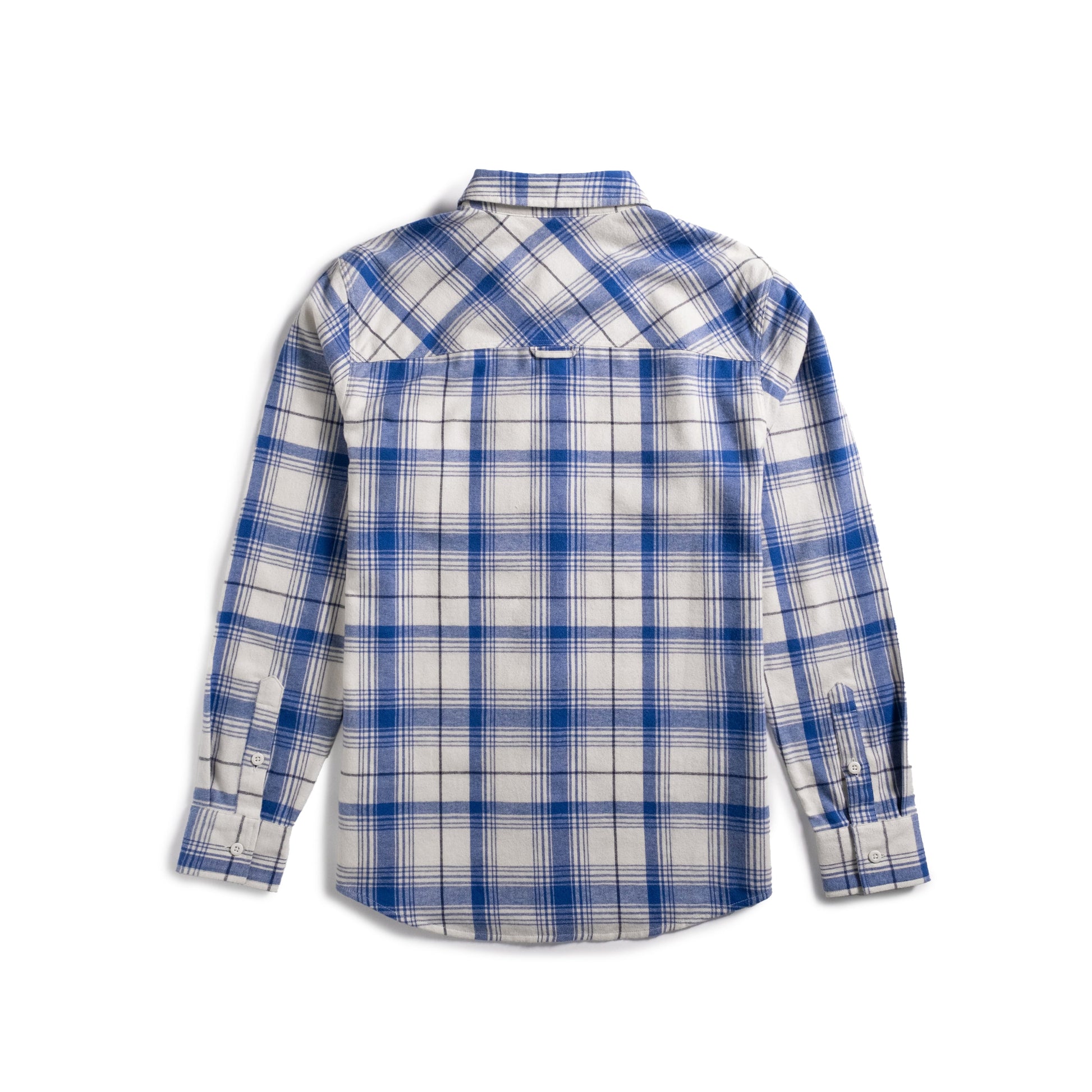 Back shot of Topo Designs Mountain Shirt Lightweight - Men's in "French Blue / Bone White Multi"