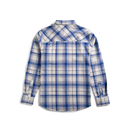 Back shot of Topo Designs Mountain Shirt Lightweight - Men's in "French Blue / Bone White Multi"