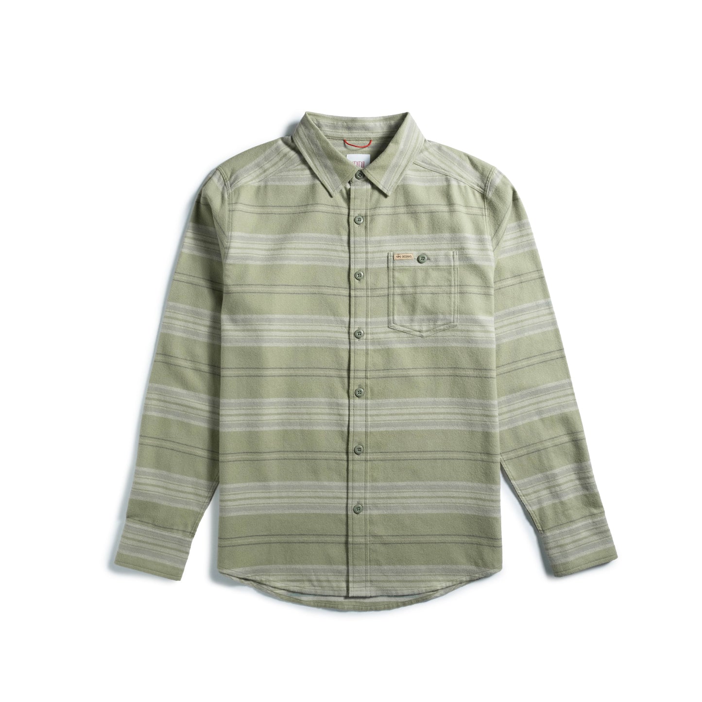 Front shot of Topo Designs Mountain Shirt Lightweight - Men's in "Oil Green Horizontal Stripe"