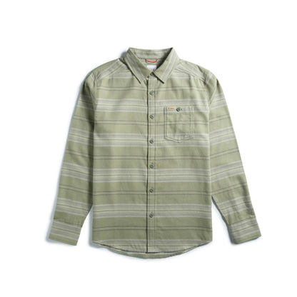 Front shot of Topo Designs Mountain Shirt Lightweight - Men's in "Oil Green Horizontal Stripe"