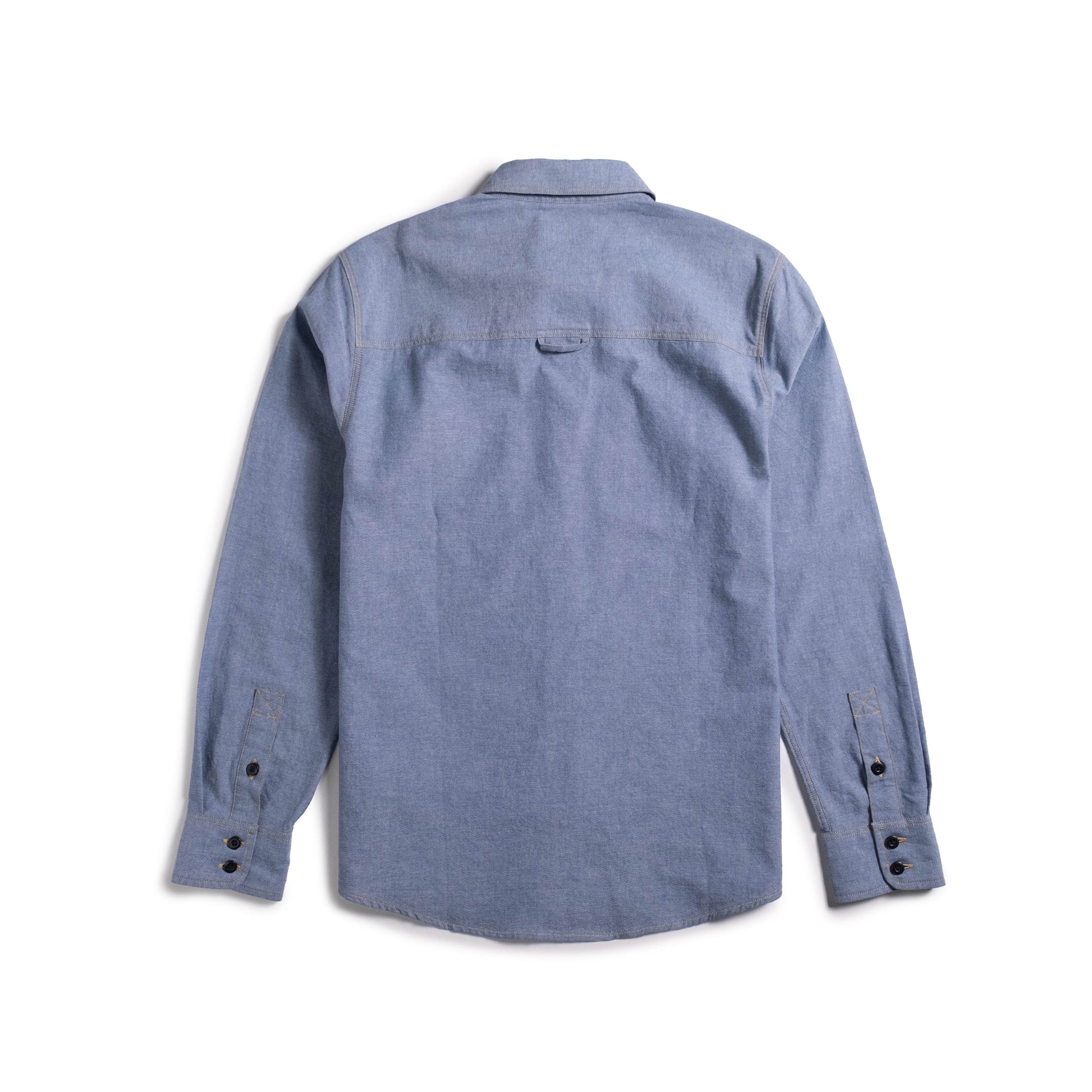 Back shot of Topo Designs Utility Shirt Chambray - Men's in "Blue Chambray"