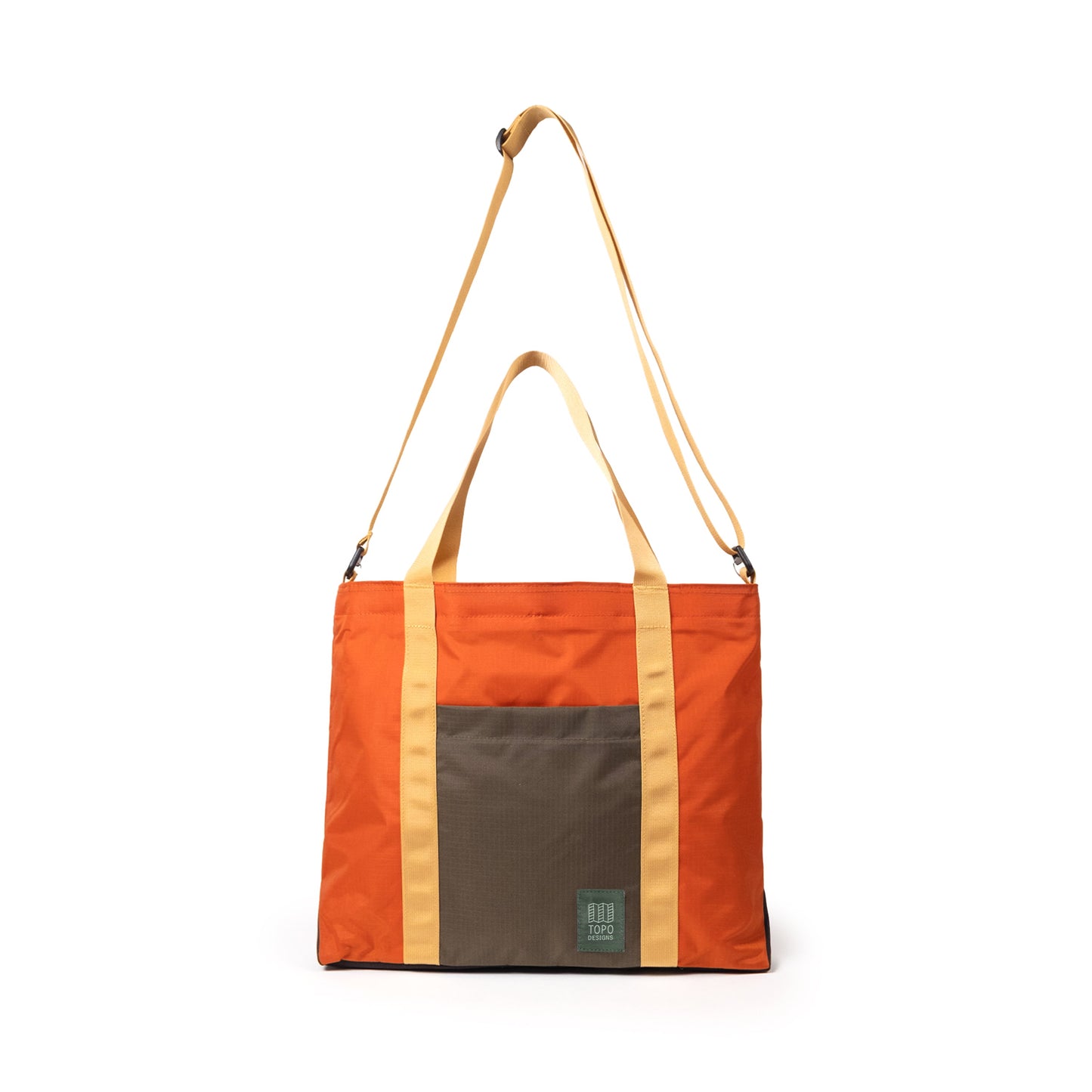 Front View of Topo Designs Mountain Essential Tote in "Woodland / Terracotta"