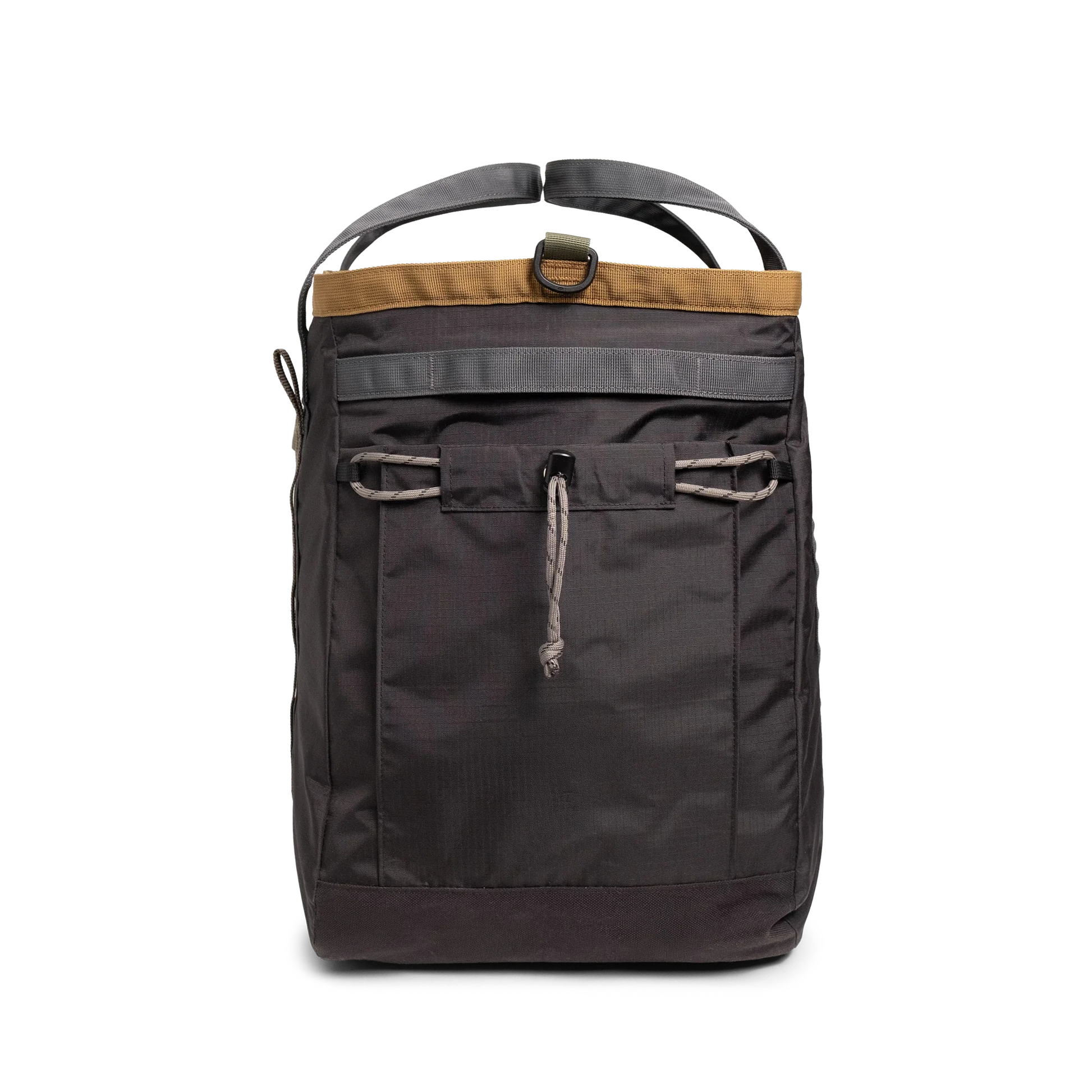 General detail shot of Topo Designs Mountain Gear Bag in "Black / Neutral" showing side pocket view.