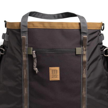General detail shot of Topo Designs Mountain Gear Bag in "Black / Neutral" showing front of bag.