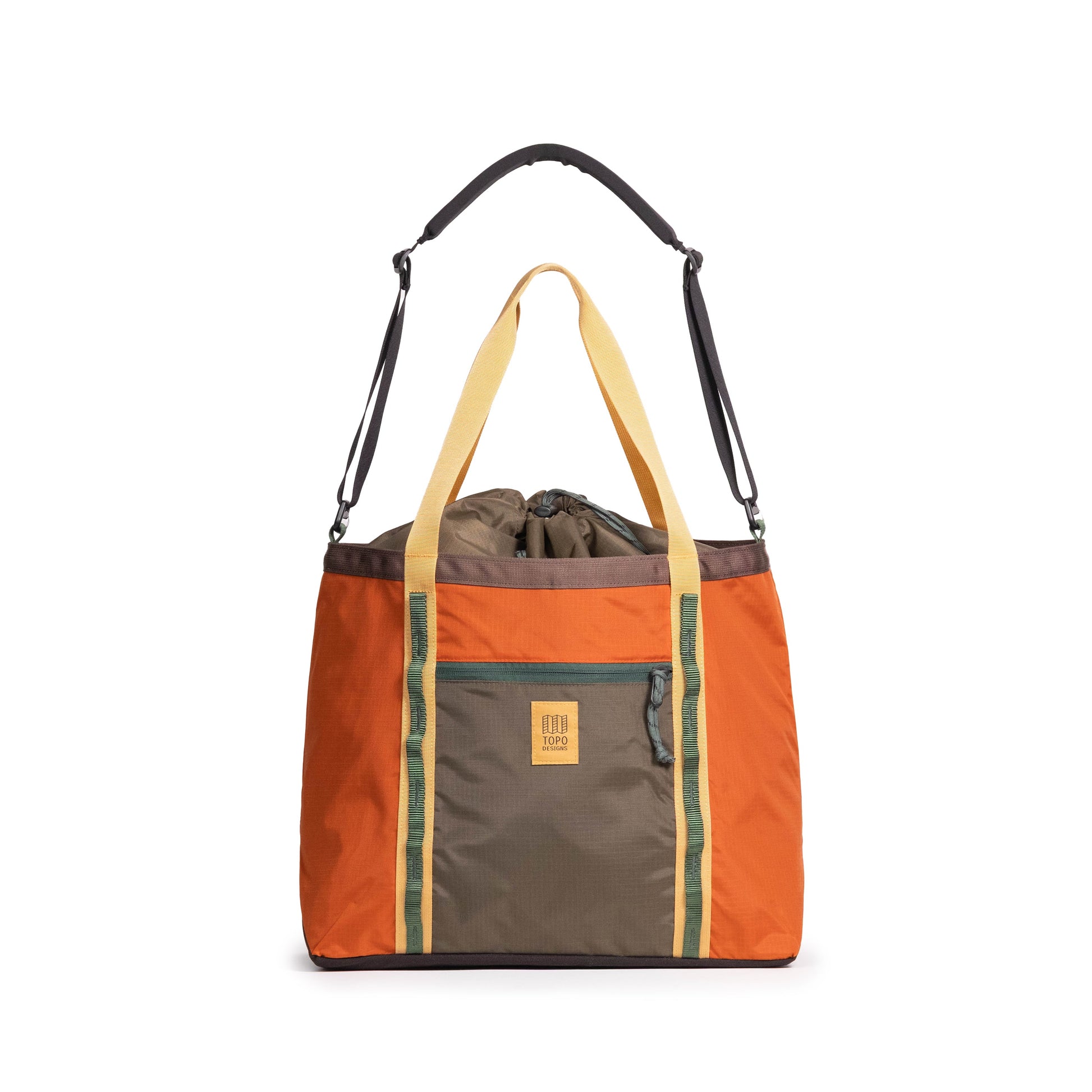 Front View of Topo Designs Mountain Utility Tote in "Woodland / Terracotta"