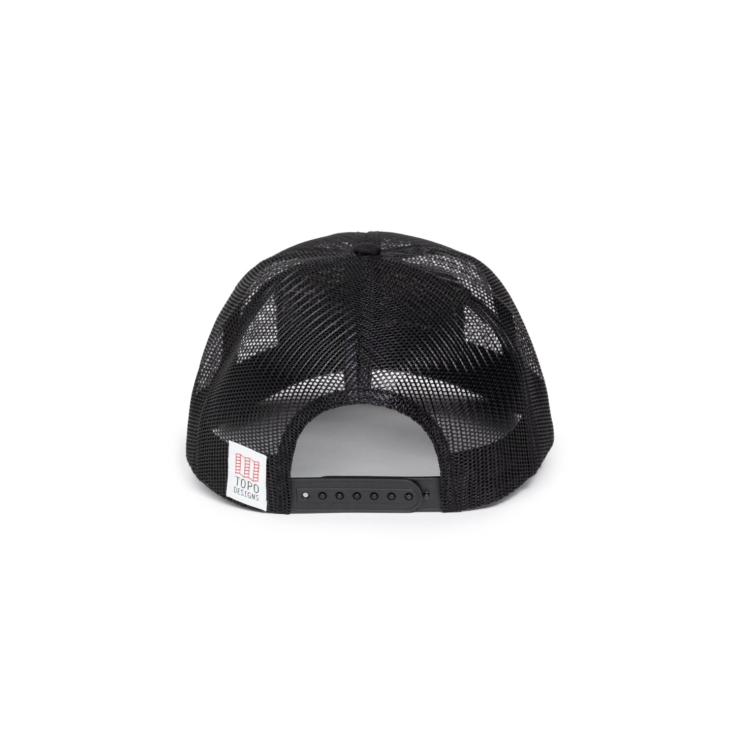 Back white background image of Topo Designs Patch Mesh Trucker - Desert Dusk in "Black"