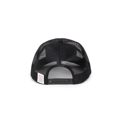 Back white background image of Topo Designs Patch Mesh Trucker - Desert Dusk in "Black"