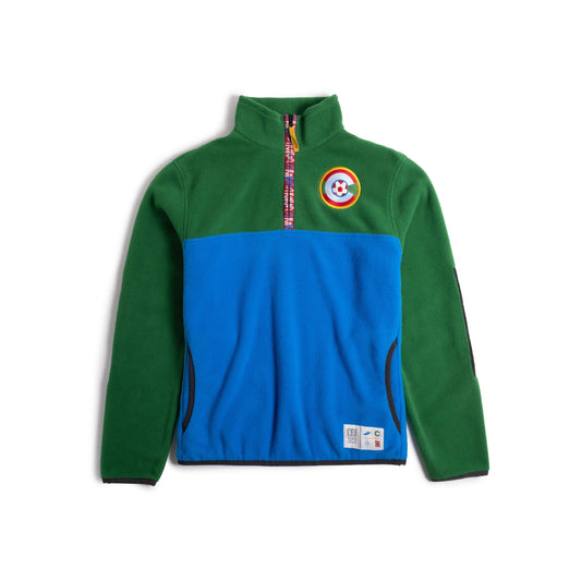 Front view of Topo Designs x Colorado Rapids Vista 1/4 Zip Fleece in "Abundant Green / Directoire Blue"