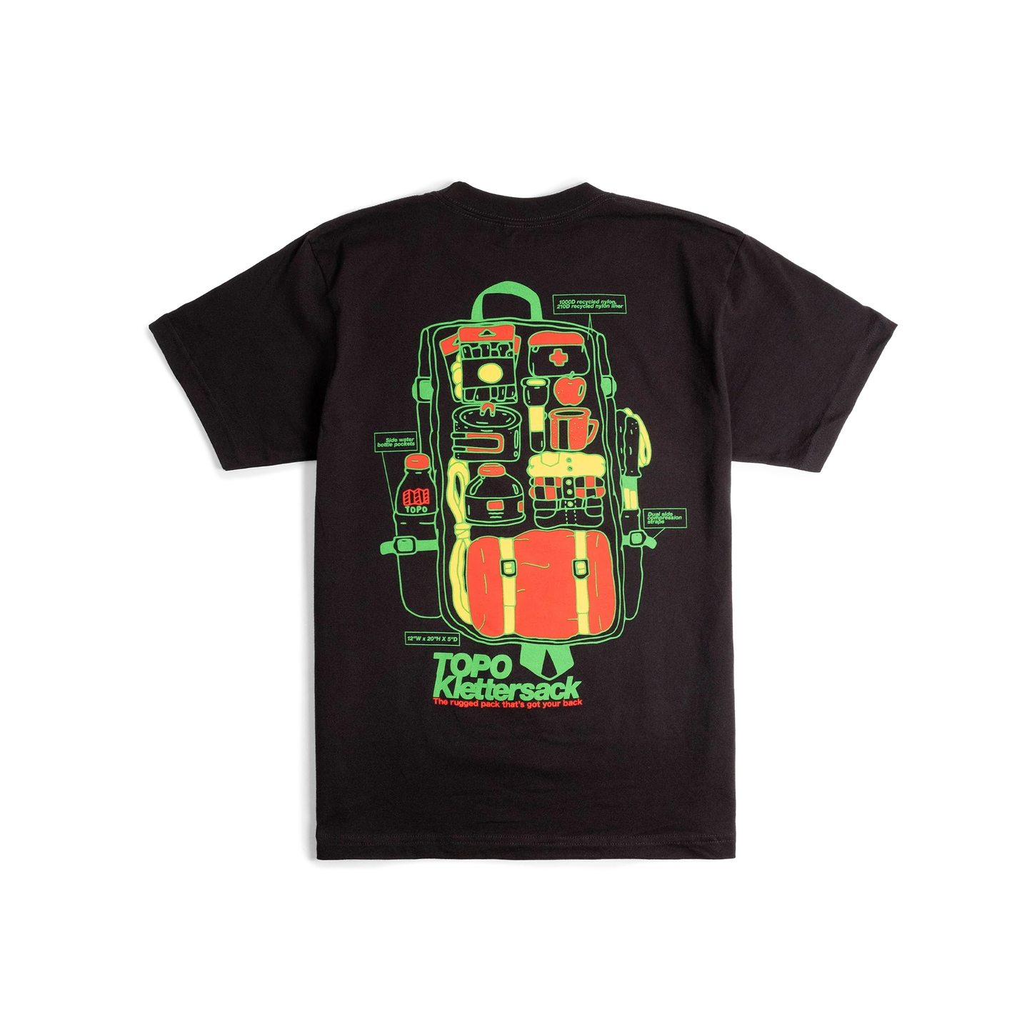 Back flat lay image of Topo Designs x Pine Printshop Klettersack Tee in "Black"
