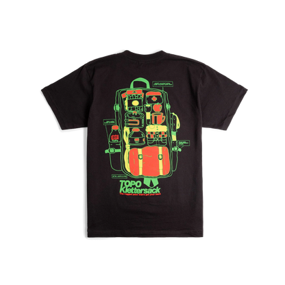 Back flat lay image of Topo Designs x Pine Printshop Klettersack Tee in "Black"