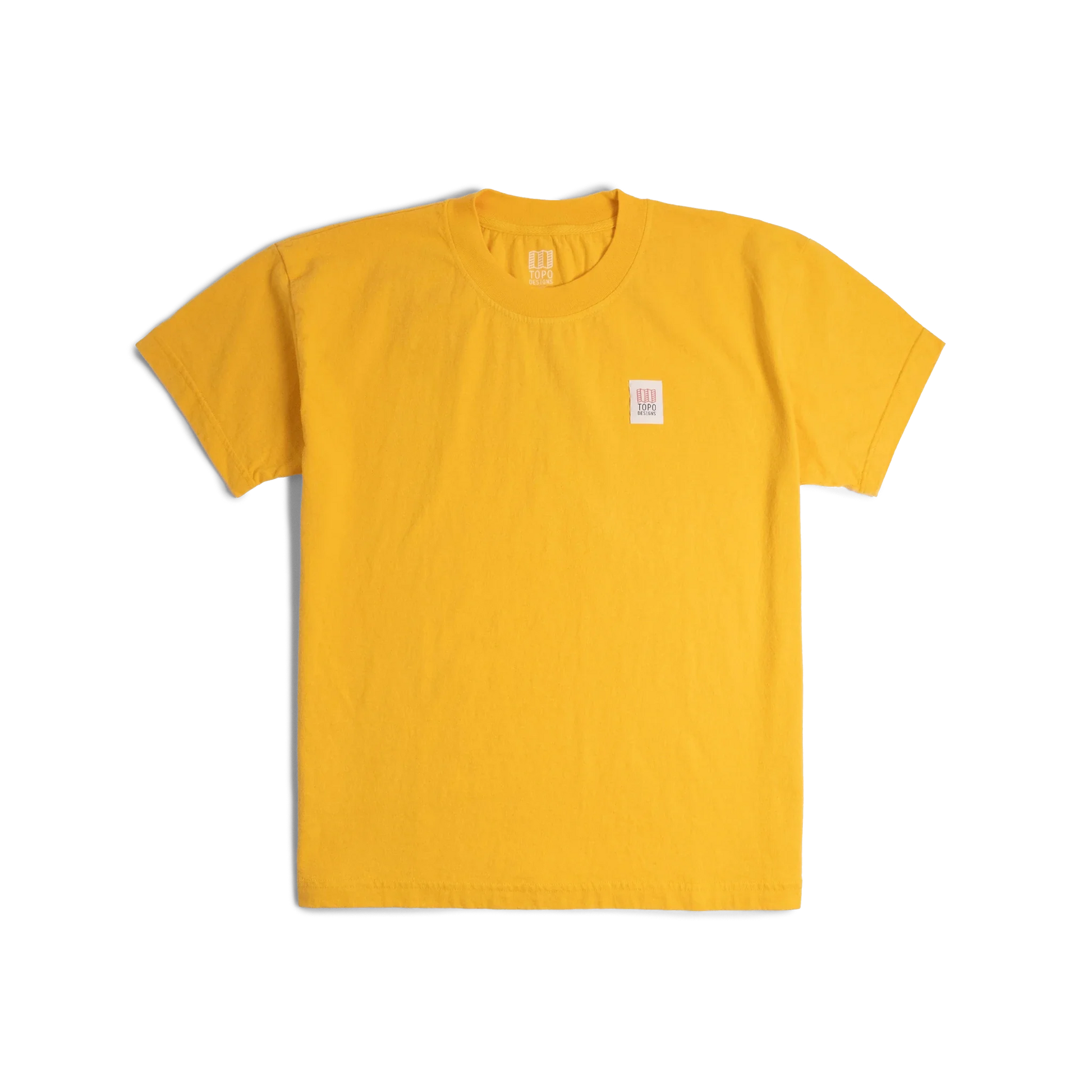 Front image of Topo Designs x Soft Goods Label Tee in "Spectra Yellow"