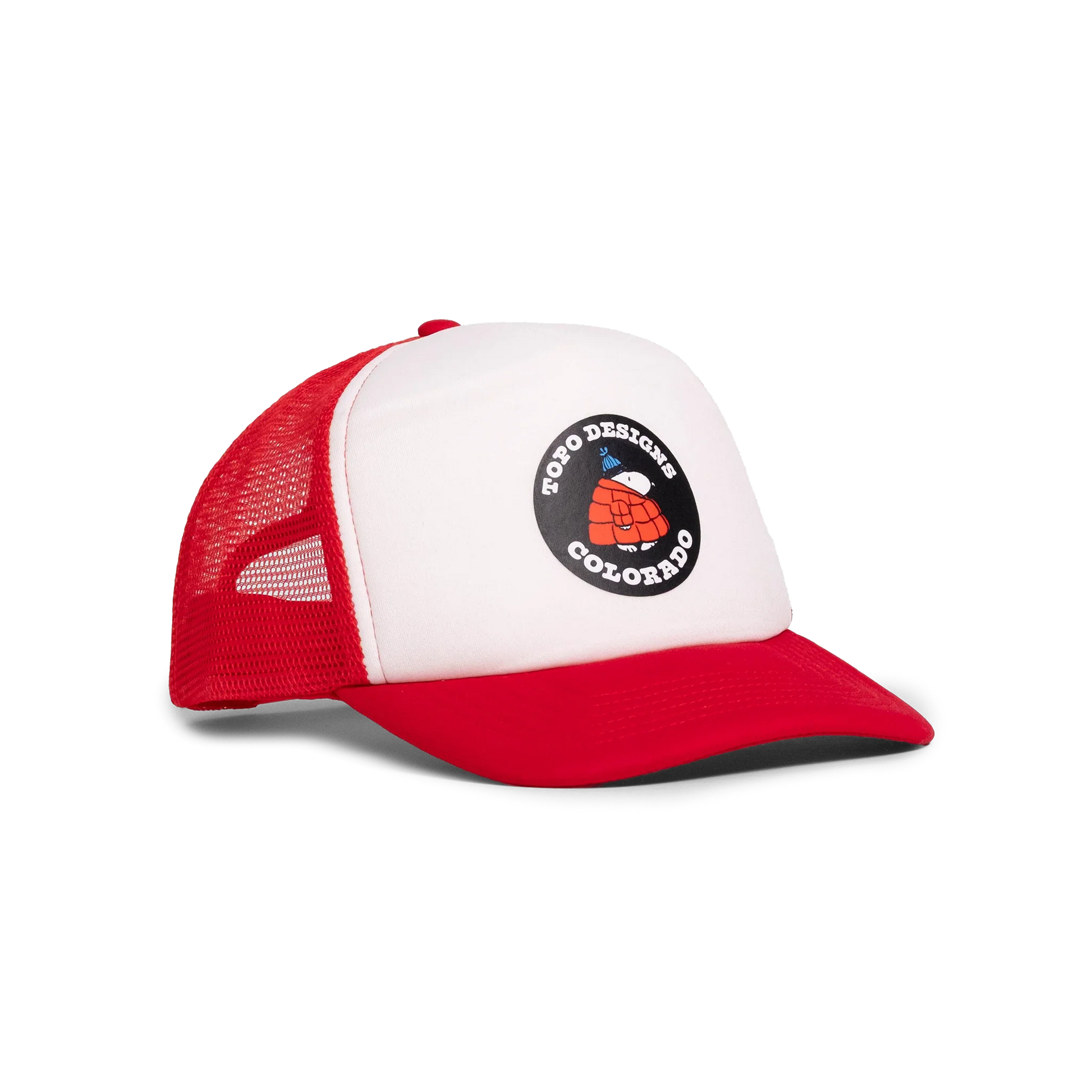 General quarter angle image of Topo Designs x TSPTR Snoopy Trucker in "Red / White"