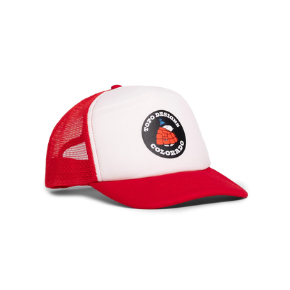General quarter angle image of Topo Designs x TSPTR Snoopy Trucker in "Red / White"