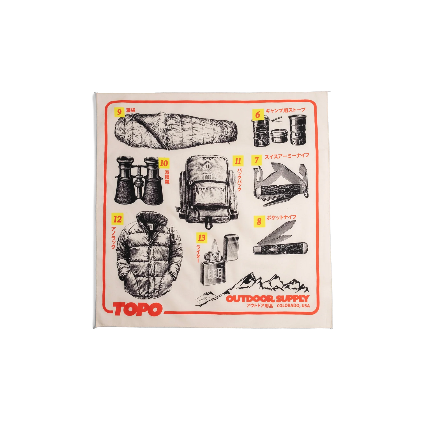 Front flay lay image of Topo Designs x Pine Printshop Catalog Bandana in "Natural"