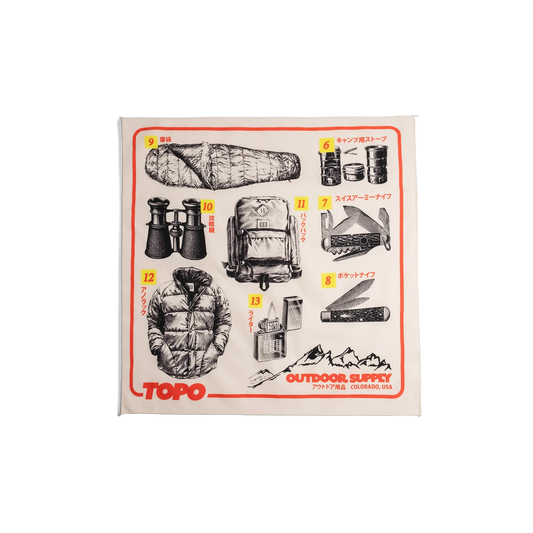 Front flay lay image of Topo Designs x Pine Printshop Catalog Bandana in "Natural"