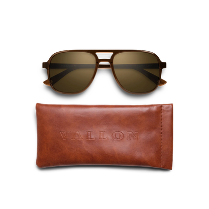 General view of VALLON X Topo Designs sunglasses in "Brown / Brown" with leather sunglasses case.