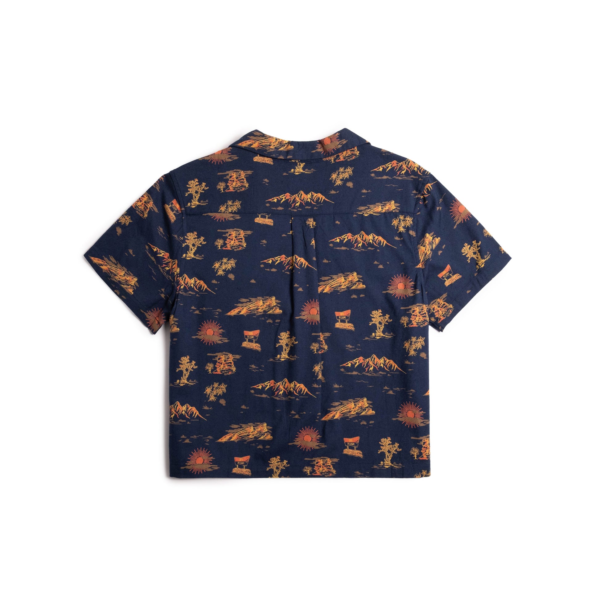 Back flat lay image on white background of Topo Designs Daytripper Short Sleeve Shirt - Women's in "Westbound Midnight"
