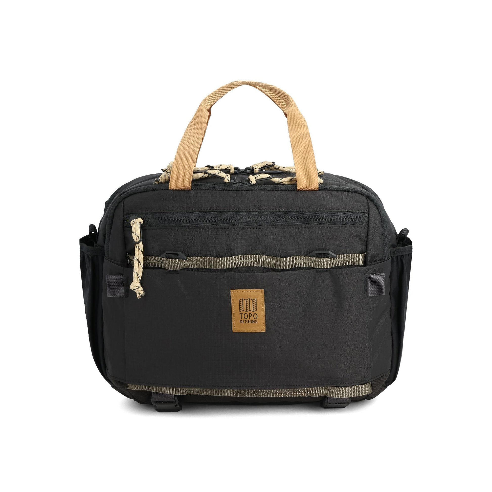 Front View of Topo Designs Mountain Cross Bag in "Black / Neutral"