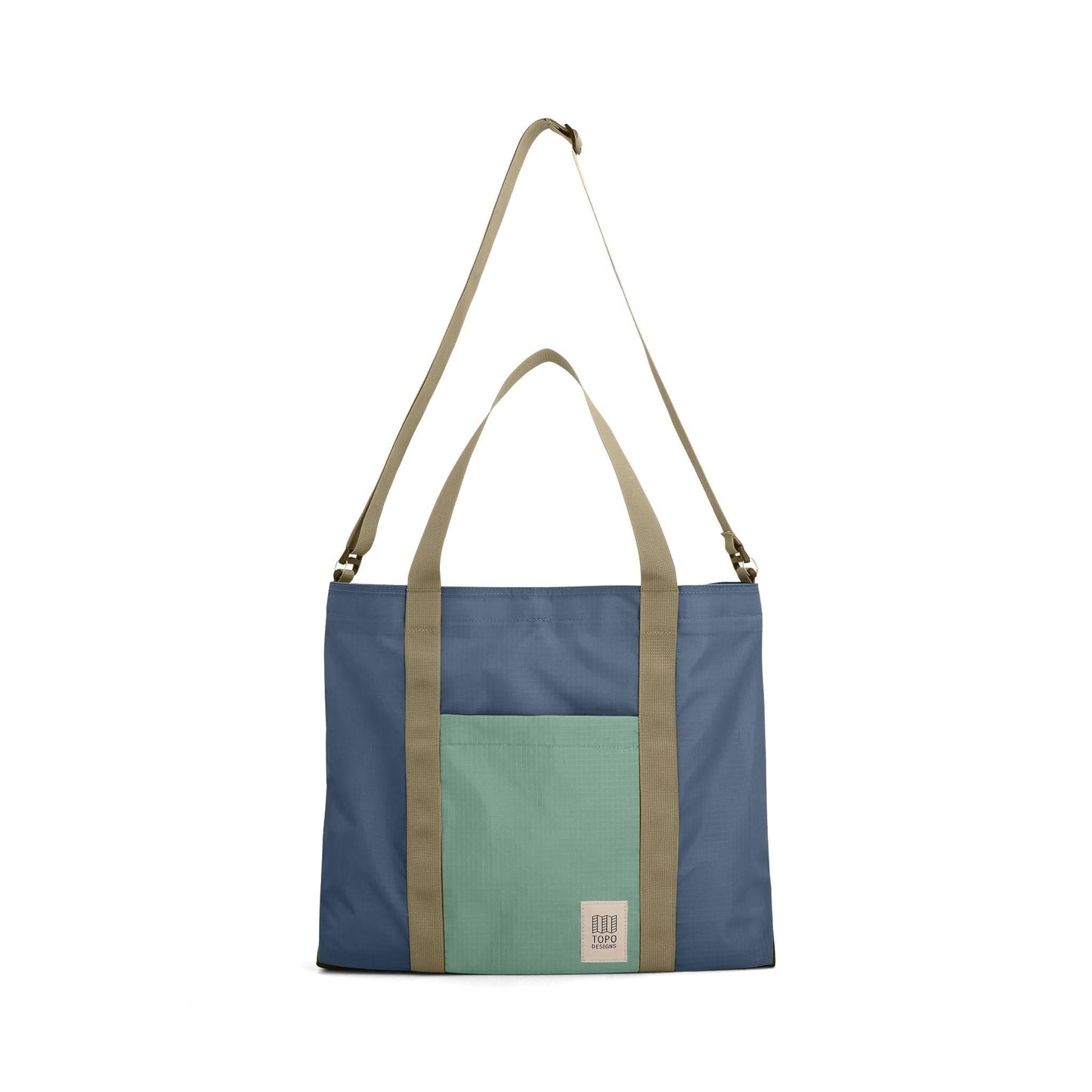 Front View of Topo Designs Mountain Essential Tote in "Stone Blue / Ash Green"