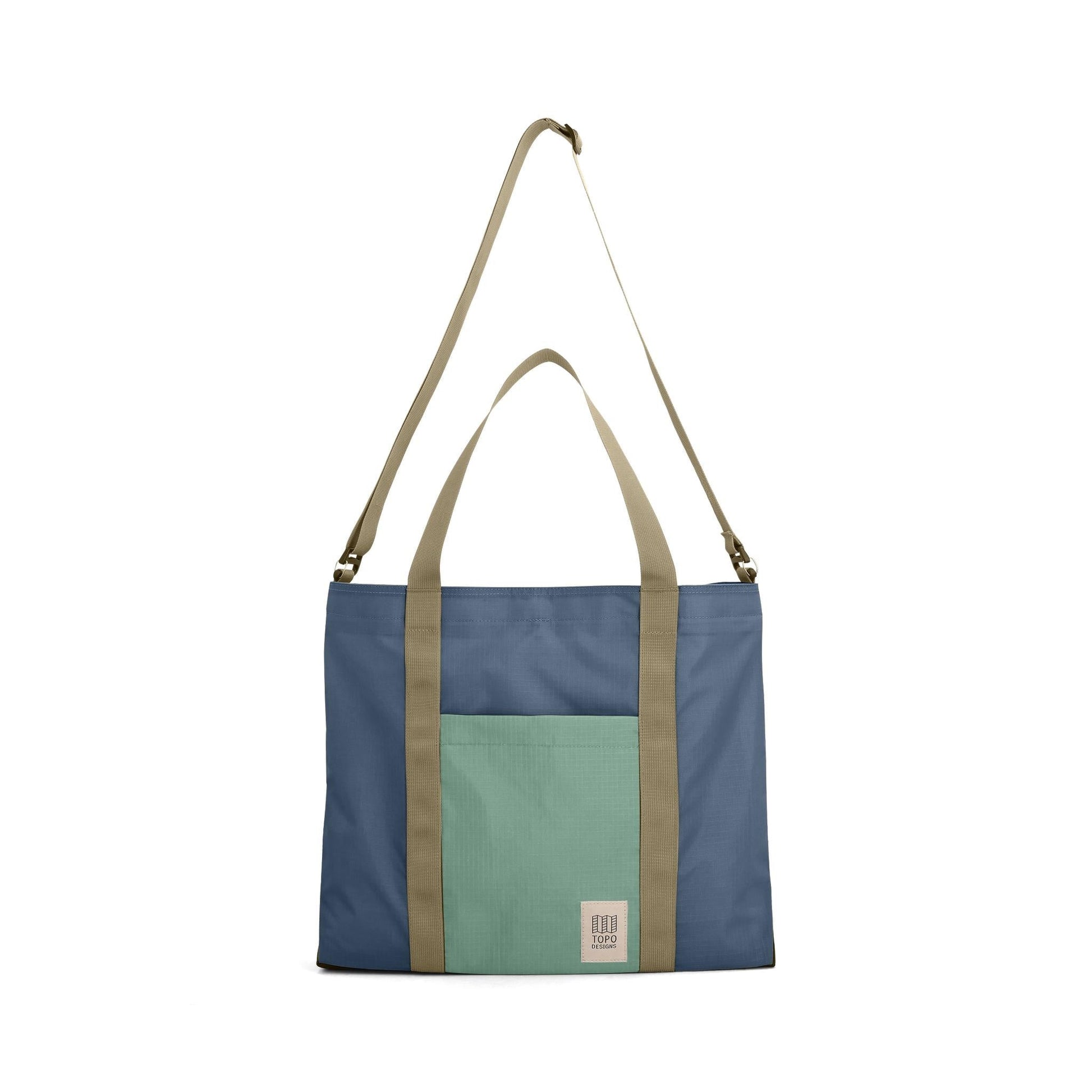 Front View of Topo Designs Mountain Essential Tote in "Stone Blue / Ash Green"