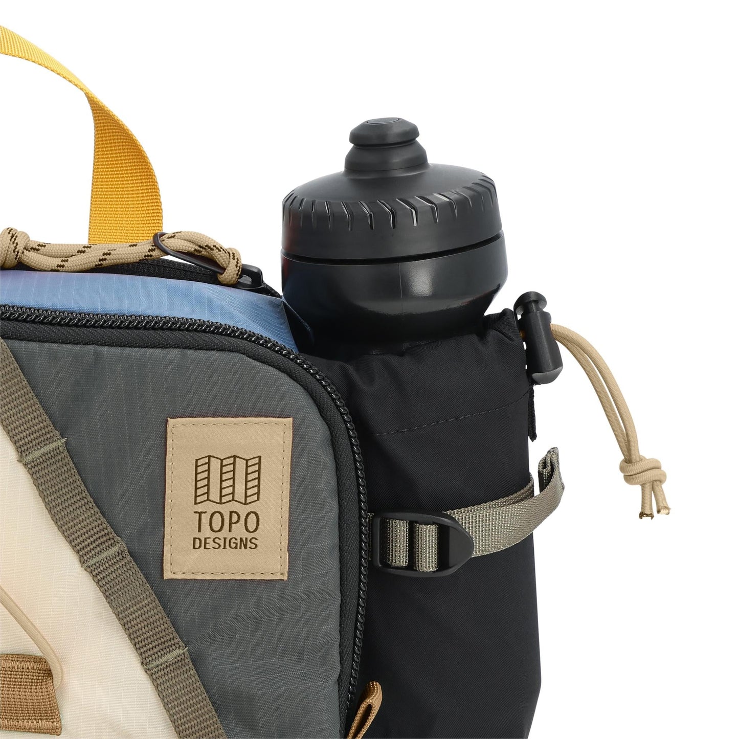 General Detail shot of Topo Designs Mountain Hydro Hip Pack in "Stone Blue / Bone White"