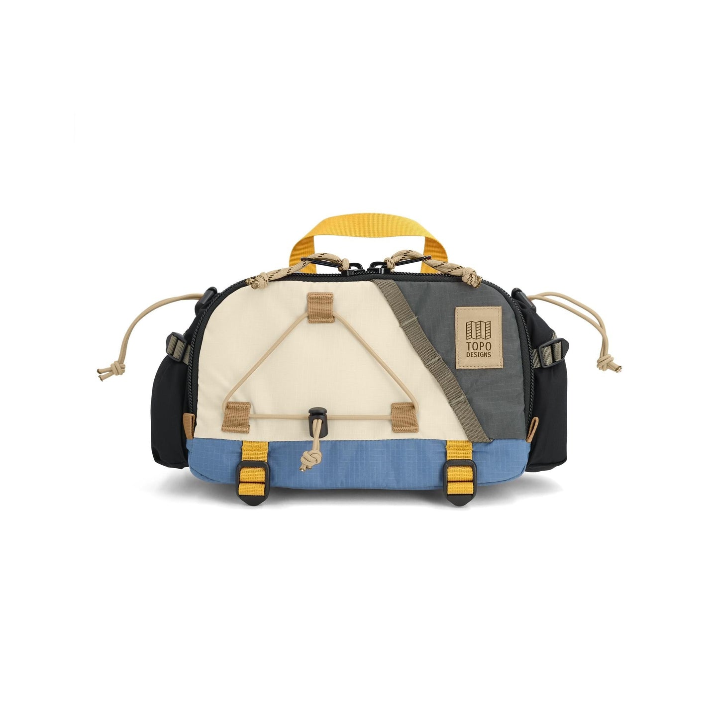 Front View of Topo Designs Mountain Hydro Hip Pack in "Stone Blue / Bone White"