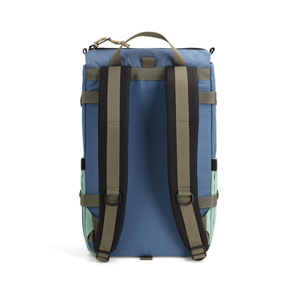 Back View of Topo Designs Rover Pack Classic in "Stone Blue / Ash Green"